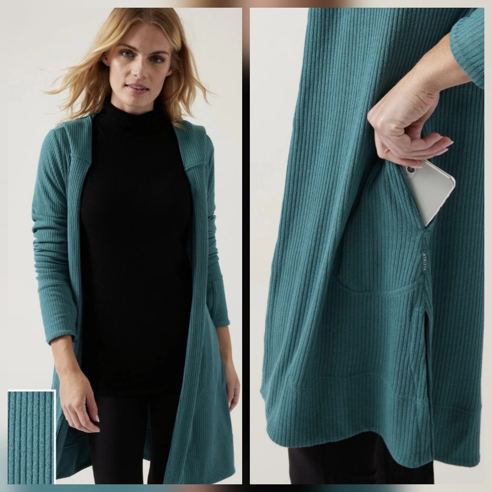 Athleta Harmony Pose Wrap Open Cardigan Women Size M Teal Blue Hooded Ribbed EUC
